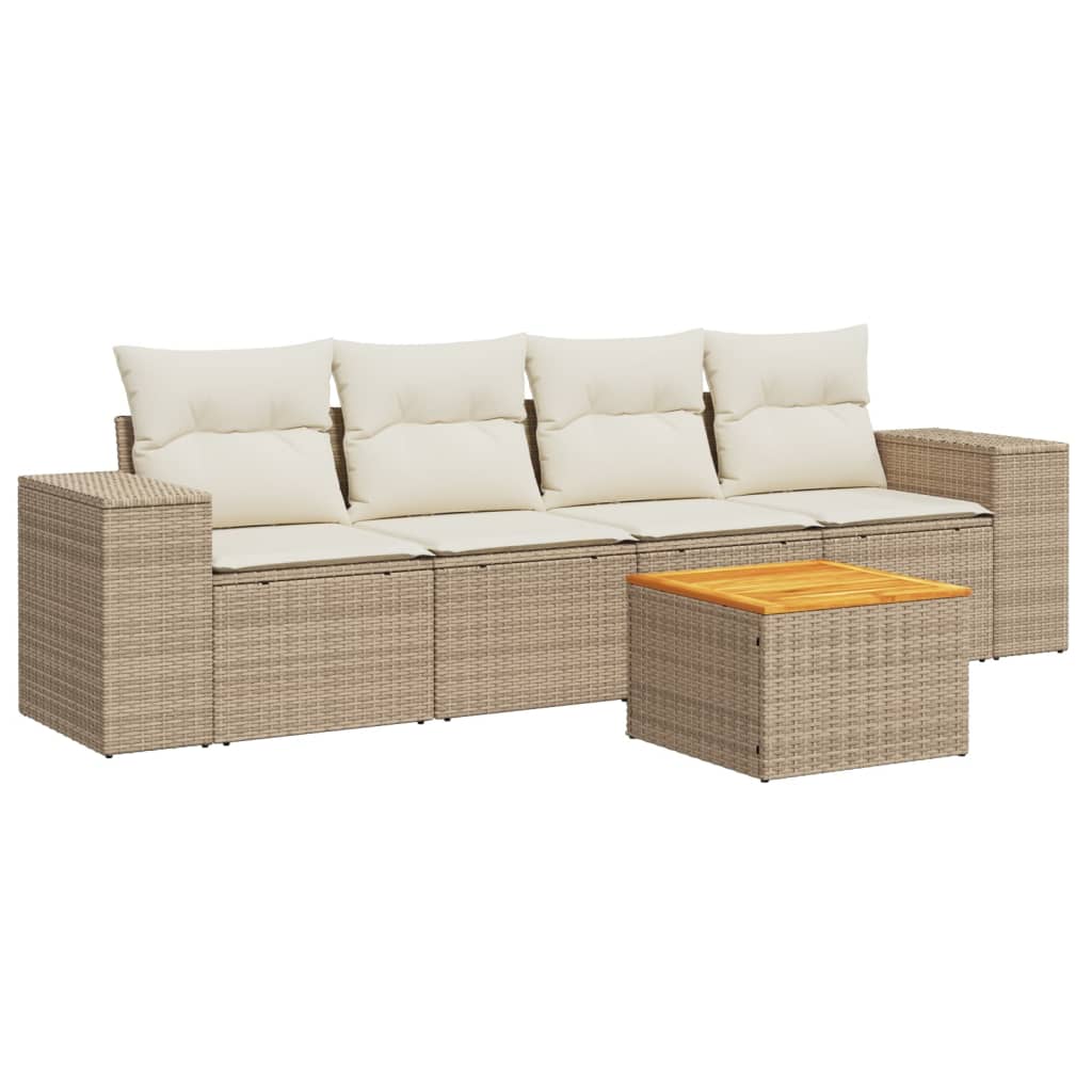 vidaXL 5-delige Loungeset met kussens poly rattan beige