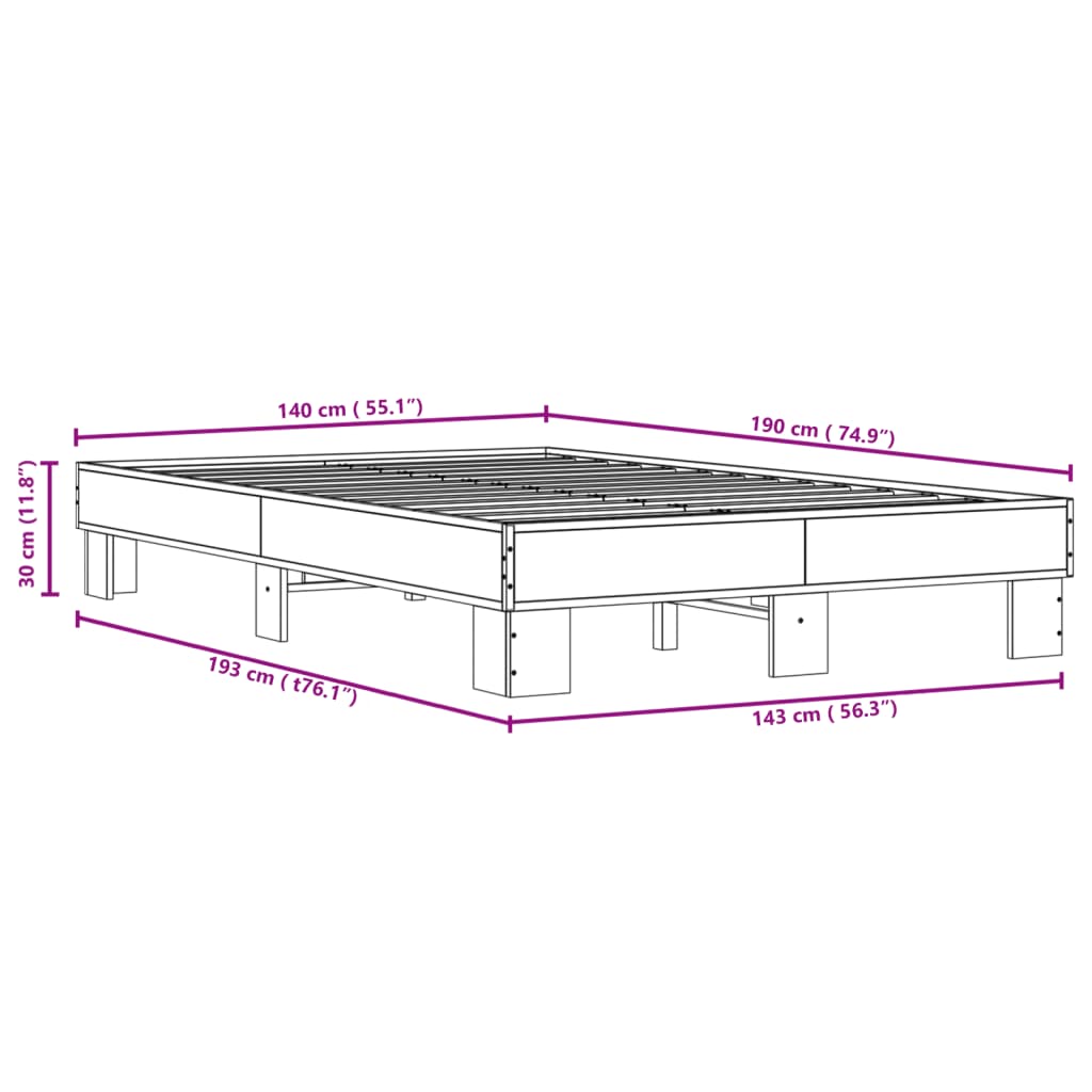 vidaXL Bedframe bewerkt hout metaal gerookt eikenkleurig 140x190 cm