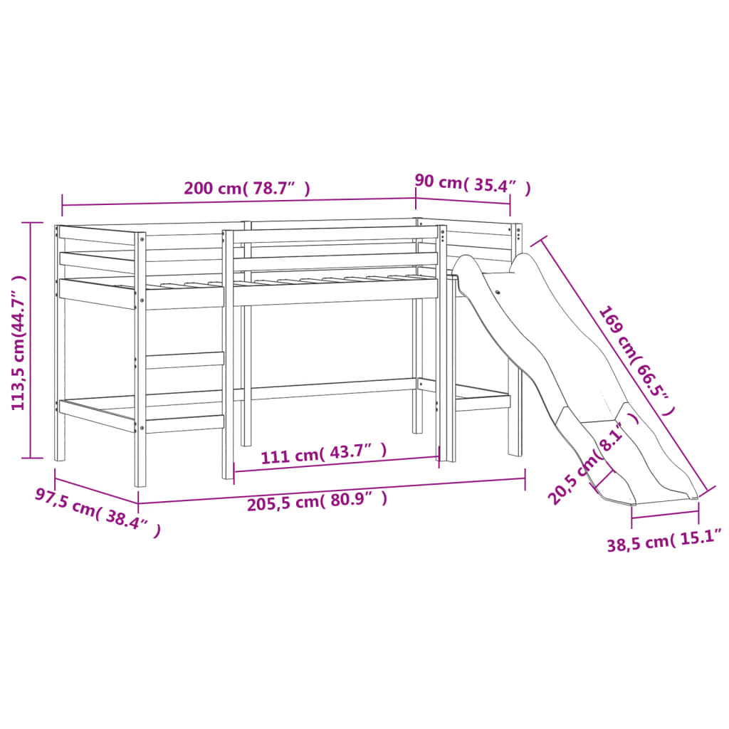 vidaXL Kinderhoogslaper met tunnel 90x200 cm massief grenenhout blauw