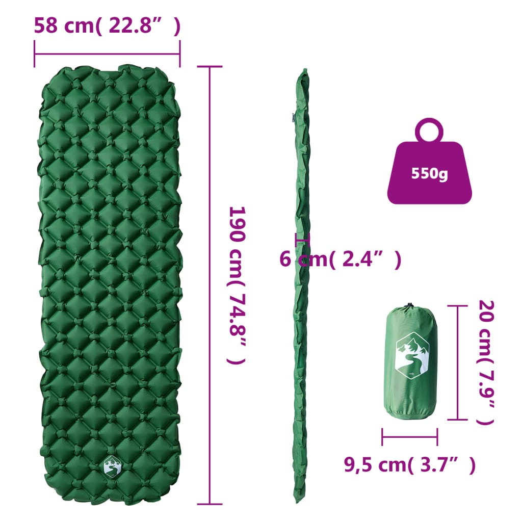 vidaXL Kampeermatras opblaasbaar 190x58x6 cm 1- persoons groen