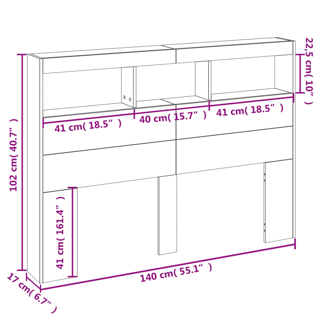 vidaXL Hoofdbordkast met LED-verlichting 140x17x102 cm sonoma eiken