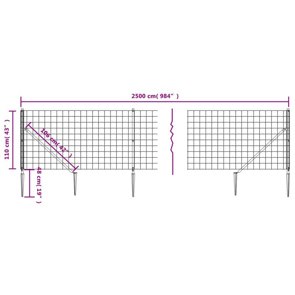 vidaXL Draadgaashek met grondankers 1,1x25 m antracietkleurig