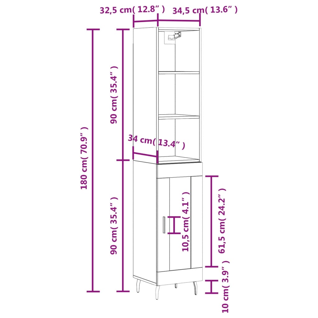 vidaXL Hoge kast 34,5x34x180 cm bewerkt hout grijs sonoma eikenkleurig