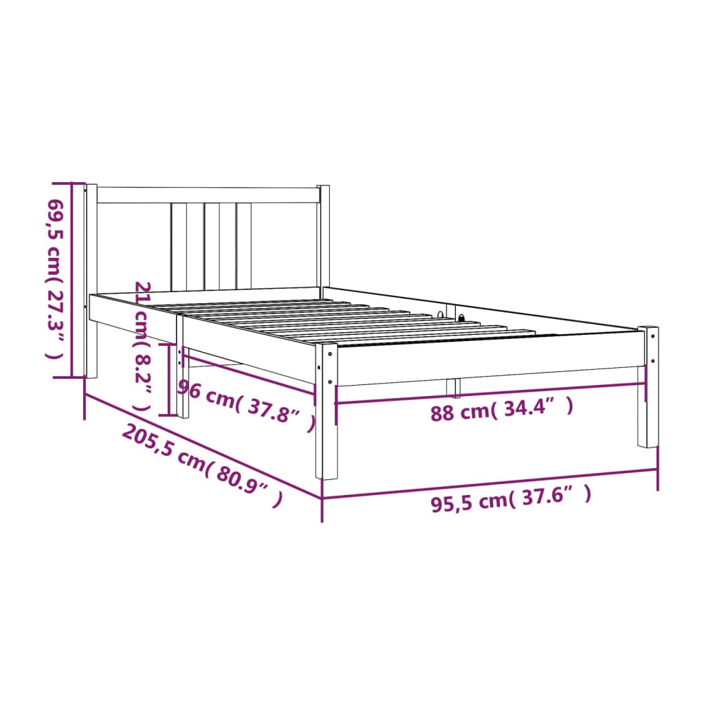 vidaXL Bedframe massief hout grijs 90x200 cm