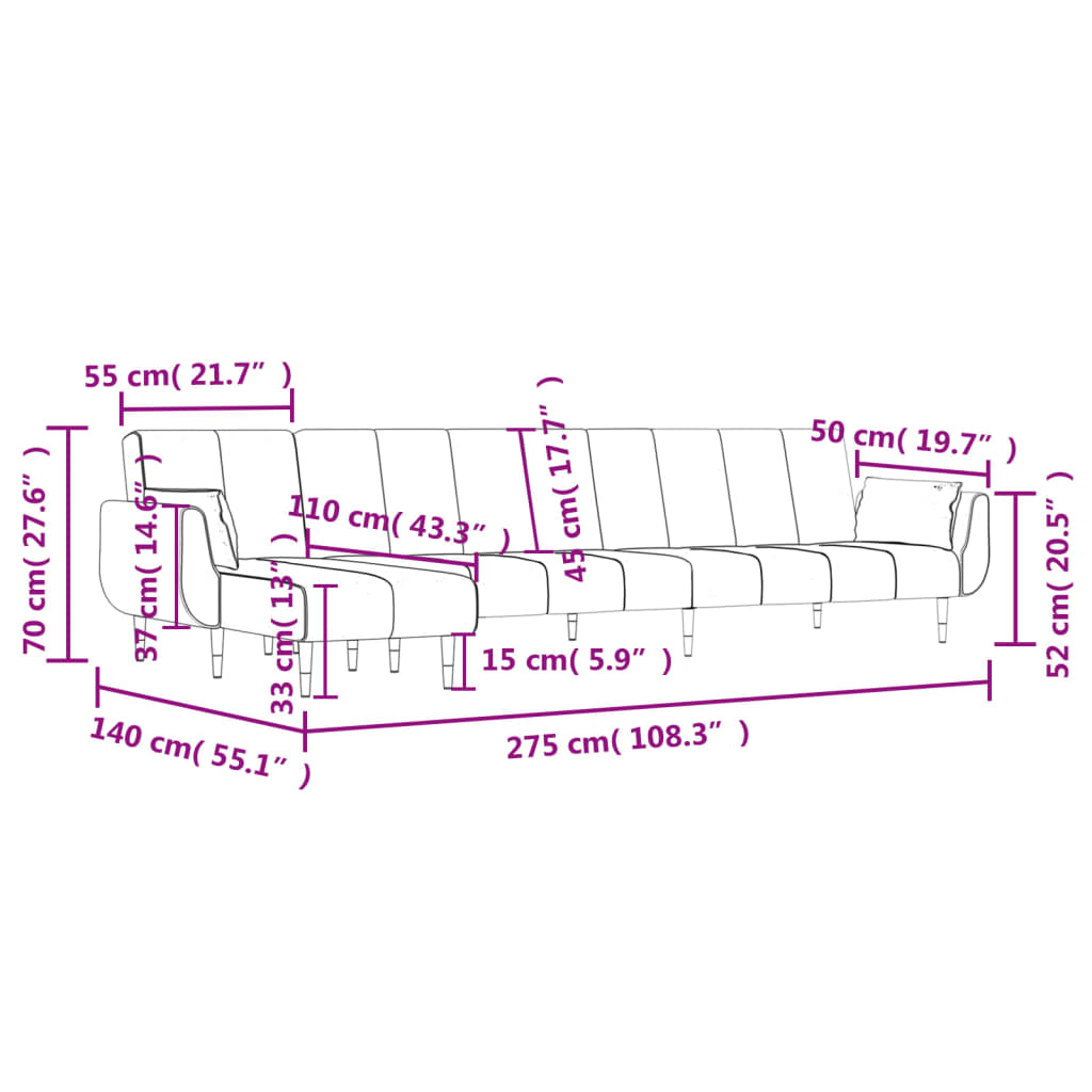 vidaXL Slaapbank L-vormig 275x140x70 cm fluweel donkergrijs