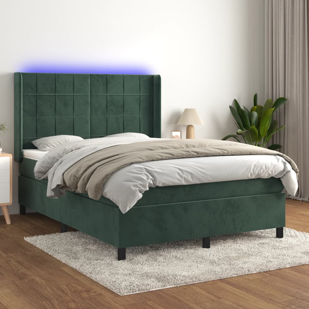 vidaXL Boxspring met matras en LED fluweel donkergroen 140x190 cm