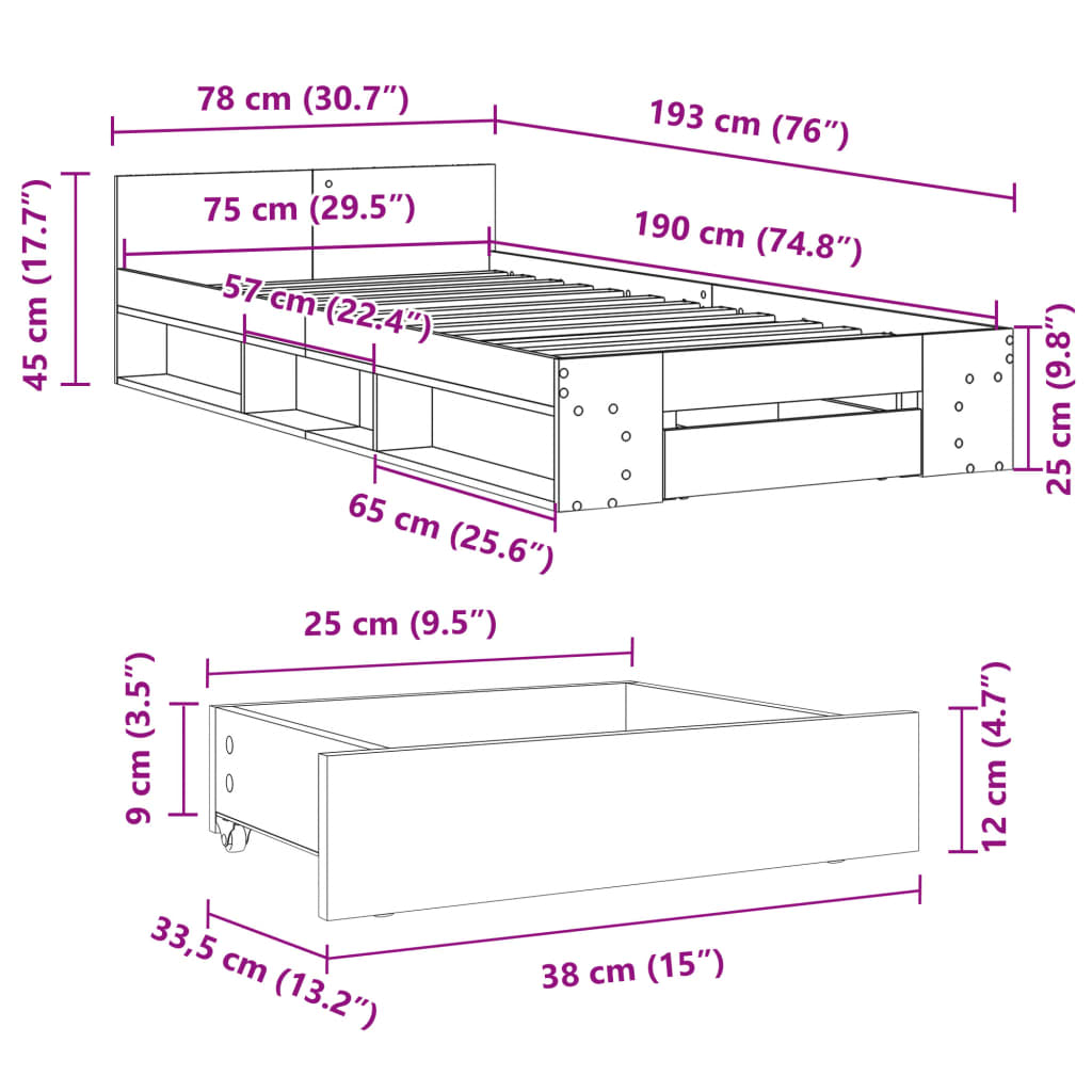 vidaXL Bedframe met lade bewerkt hout sonoma eikenkleurig 75x190 cm