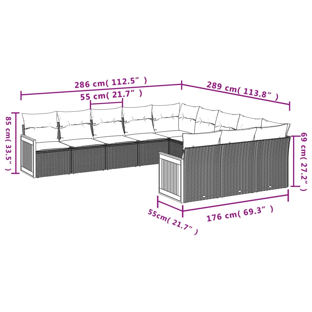 vidaXL 11-delige Loungeset met kussens poly rattan zwart