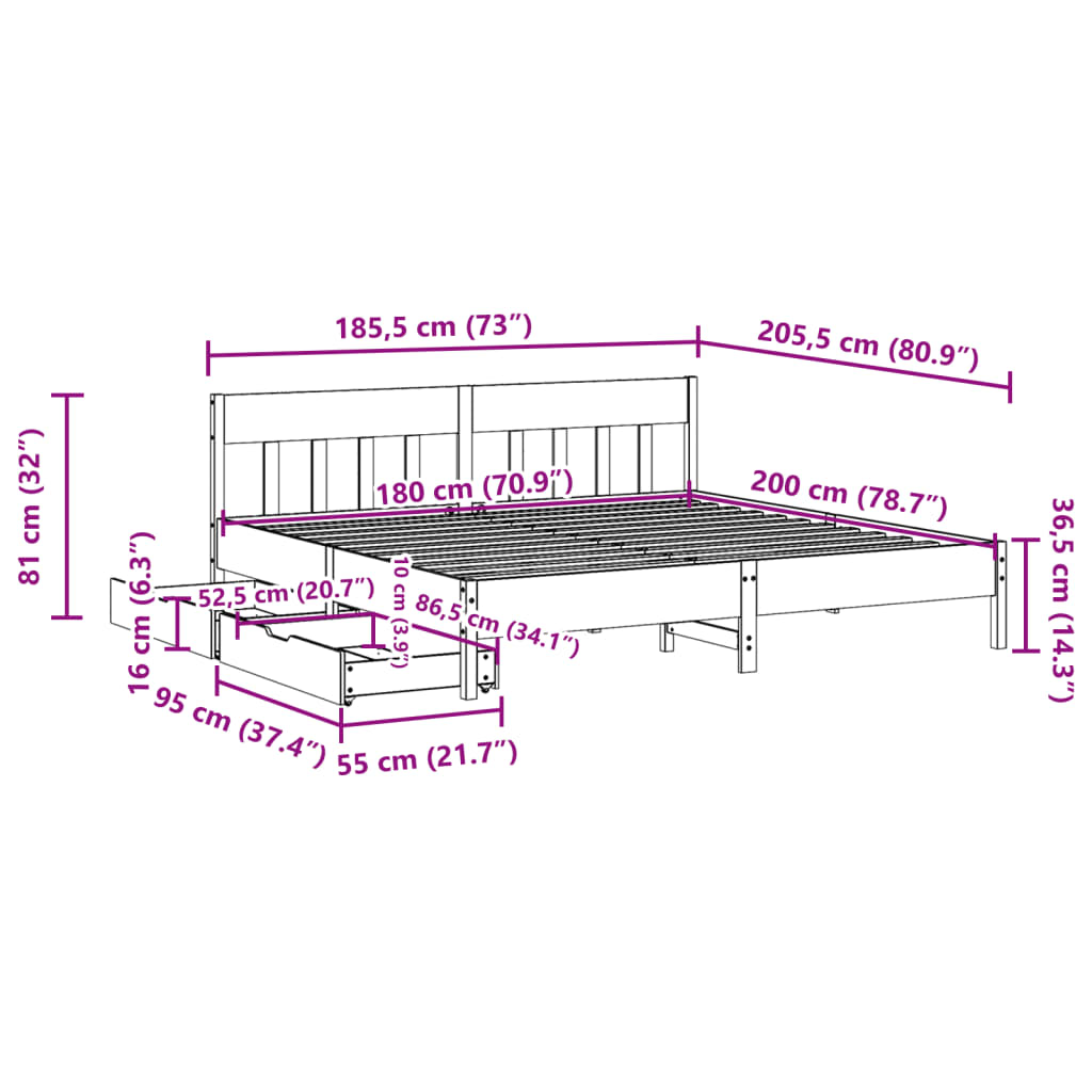 vidaXL Bedframe zonder matras massief grenenhout wit 180x200 cm