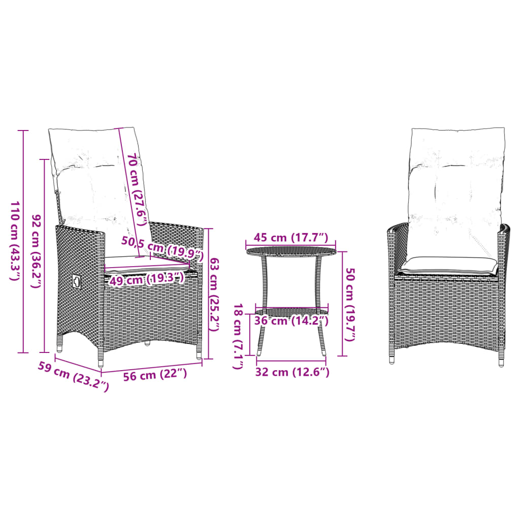 vidaXL 3-delige Bistroset met kussens poly rattan beige