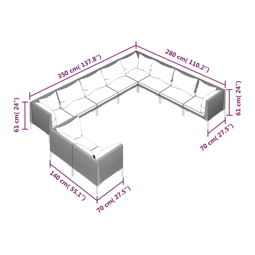 vidaXL 10-delige Loungeset met kussens poly rattan donkergrijs