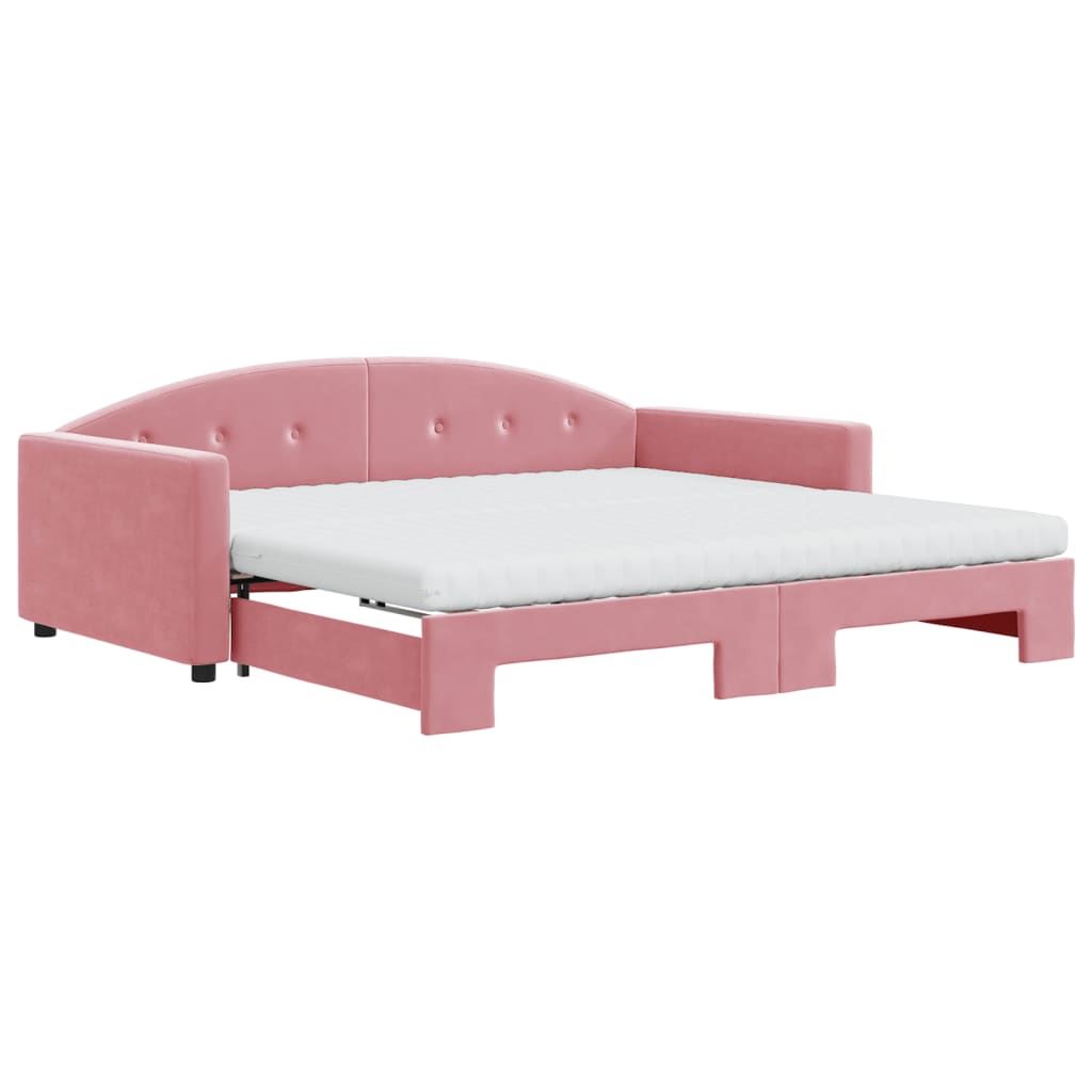 vidaXL Slaapbank onderschuifbed en matrassen 100x200 cm fluweel roze