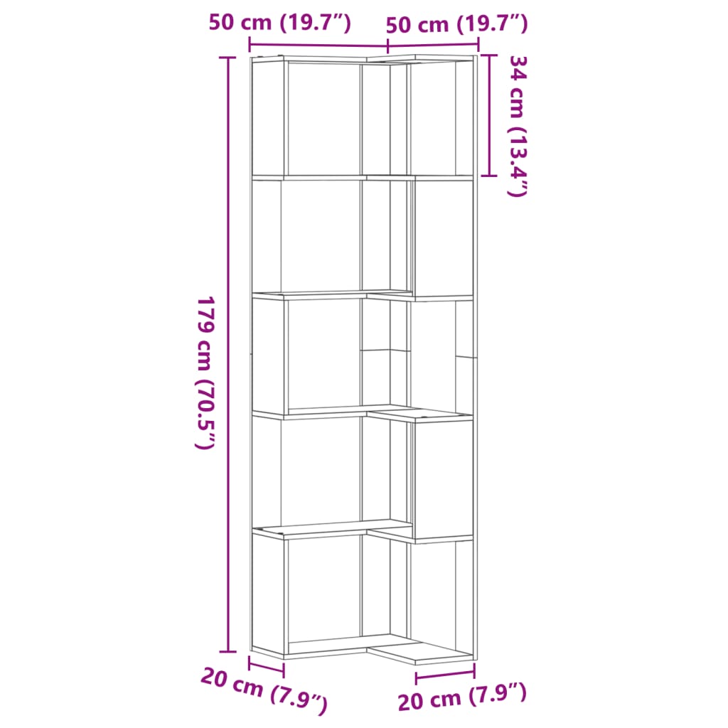 vidaXL Boekenkast 5-laags hoek 50x50x179 cm bewerkt hout sonoma eiken