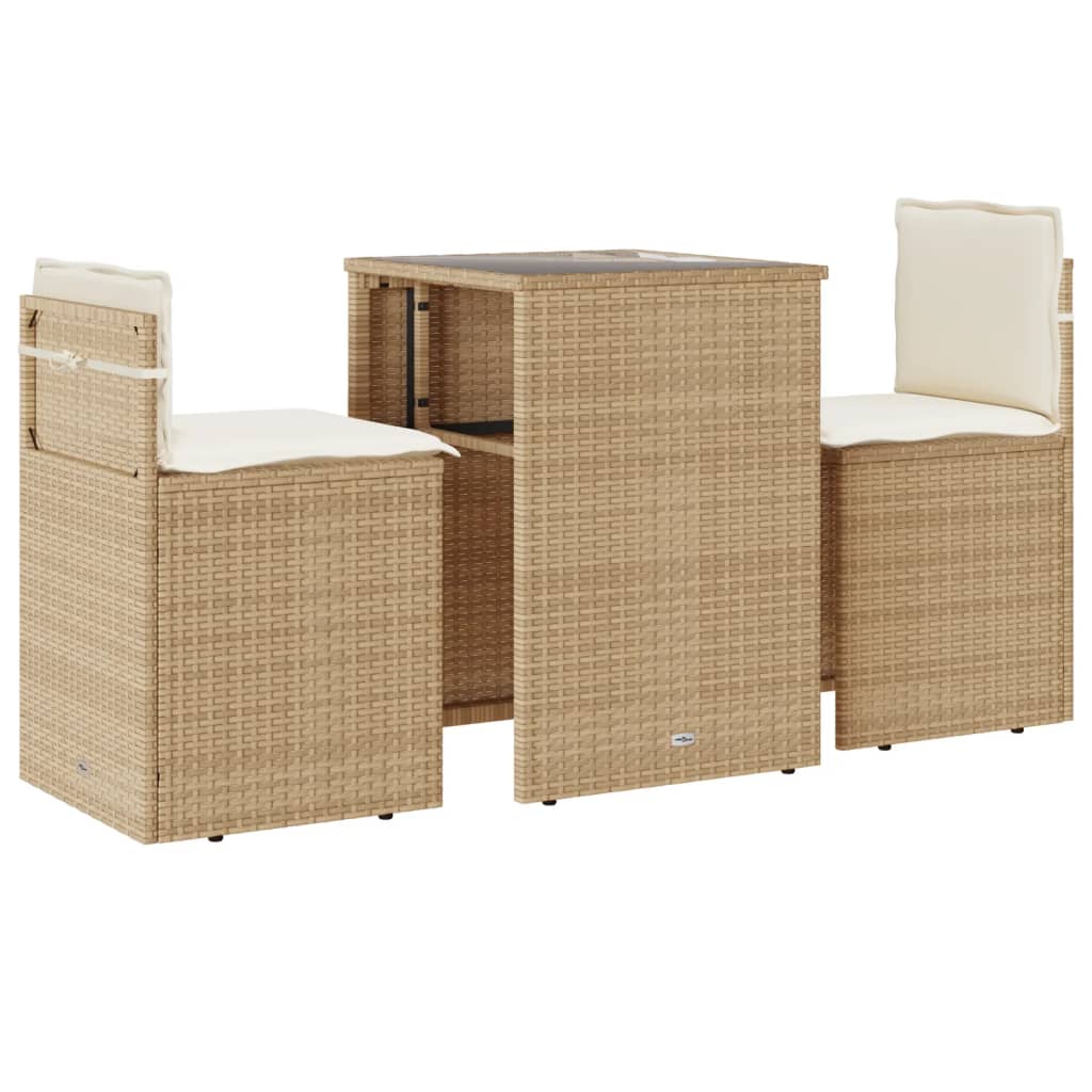 vidaXL 3-delige Bistroset met kussens poly rattan beige