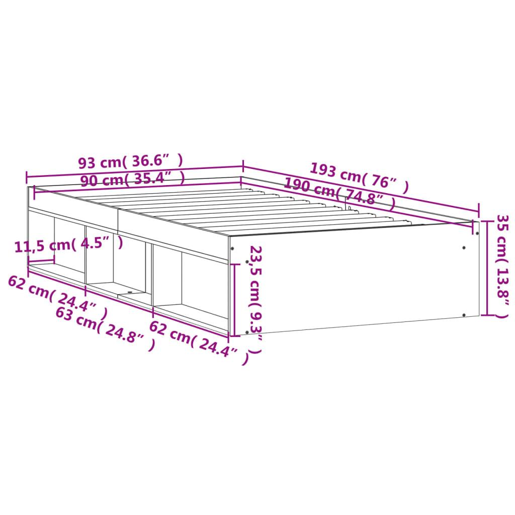 vidaXL Bedframe grijs sonoma eikenkleurig 90x190 cm