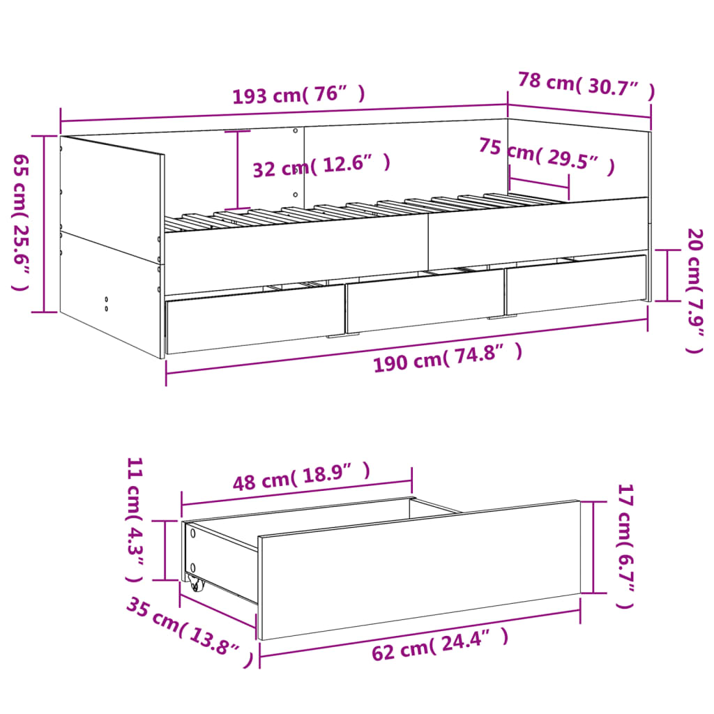 vidaXL Slaapbank met lades zonder matras 75x190 cm grijs sonoma eiken