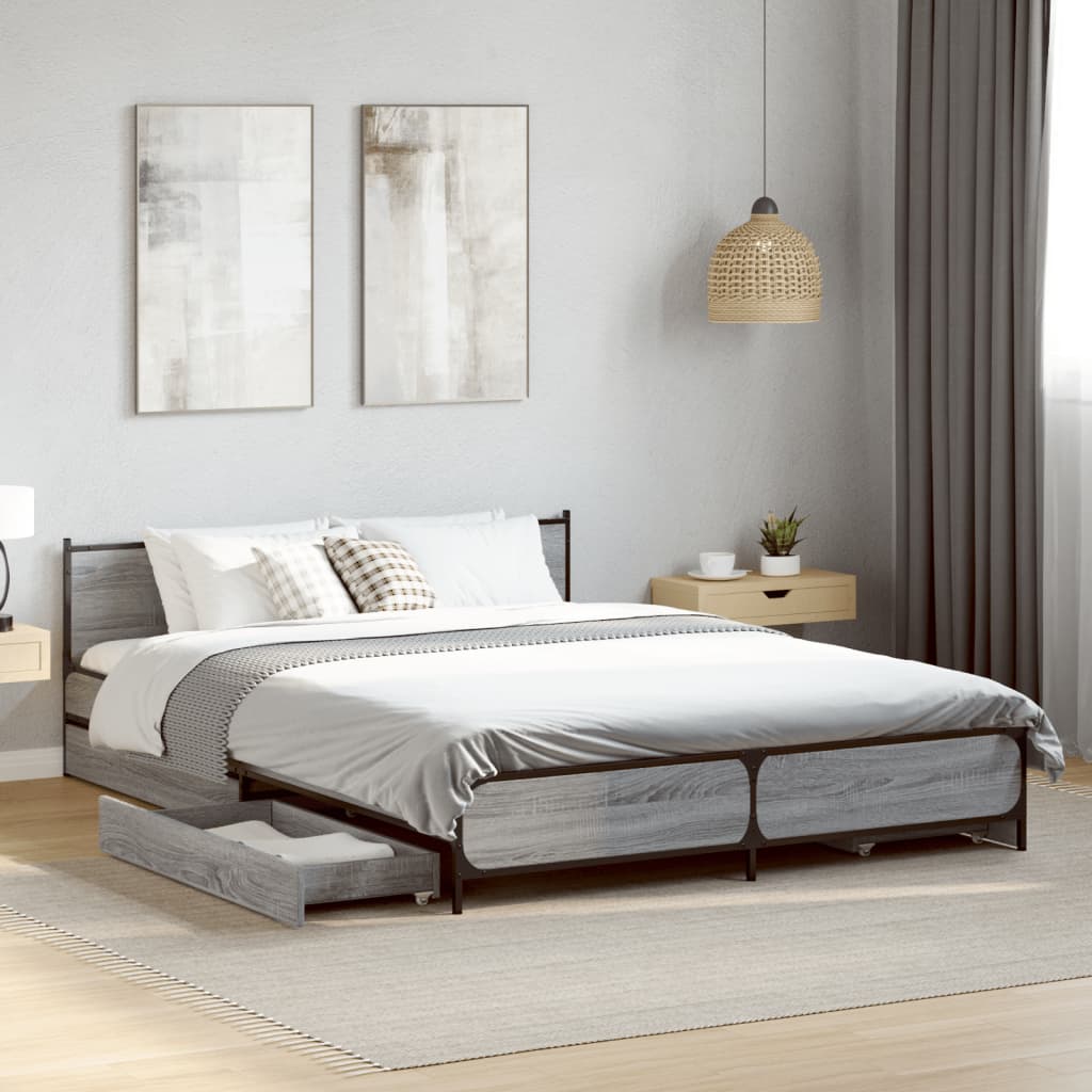 vidaXL Bedframe met lades bewerkt hout grijs sonoma eiken 135x190 cm