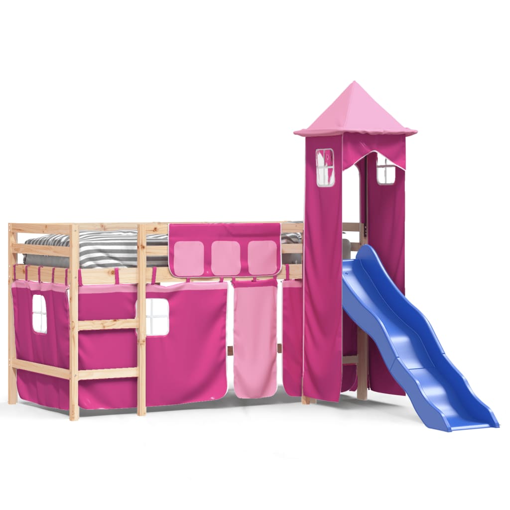 vidaXL Kinderhoogslaper met toren 90x190 cm massief grenenhout roze