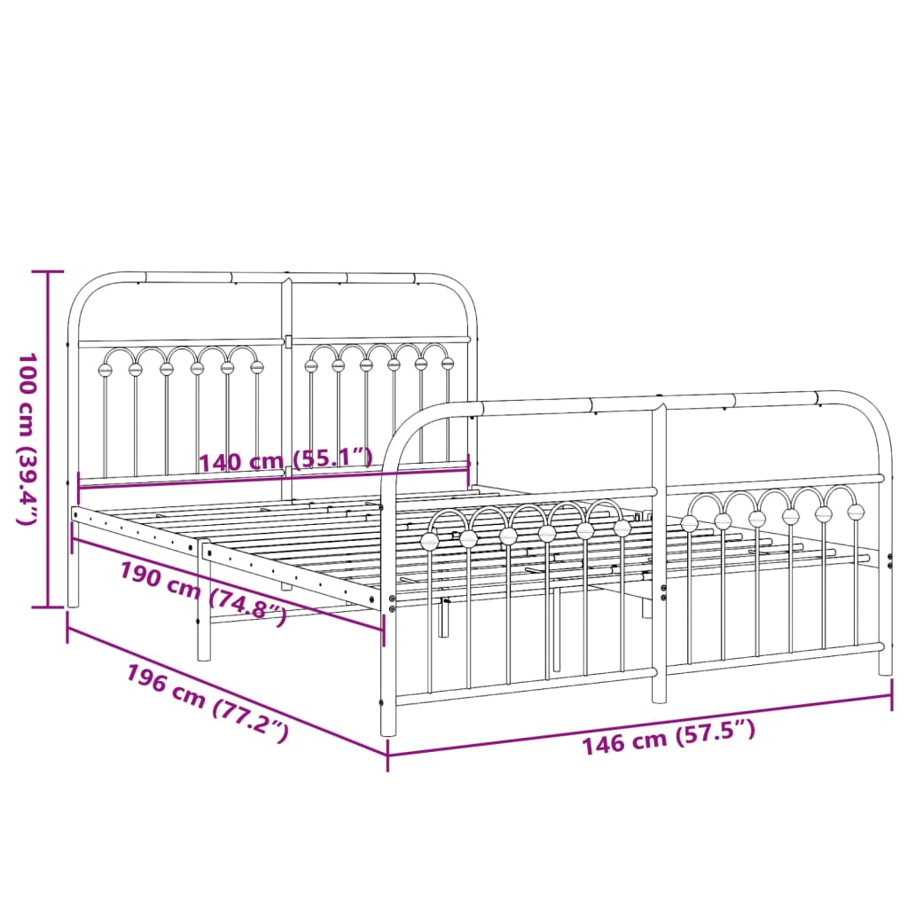 vidaXL Bedframe met hoofd- en voeteneinde metaal zwart 140x190 cm