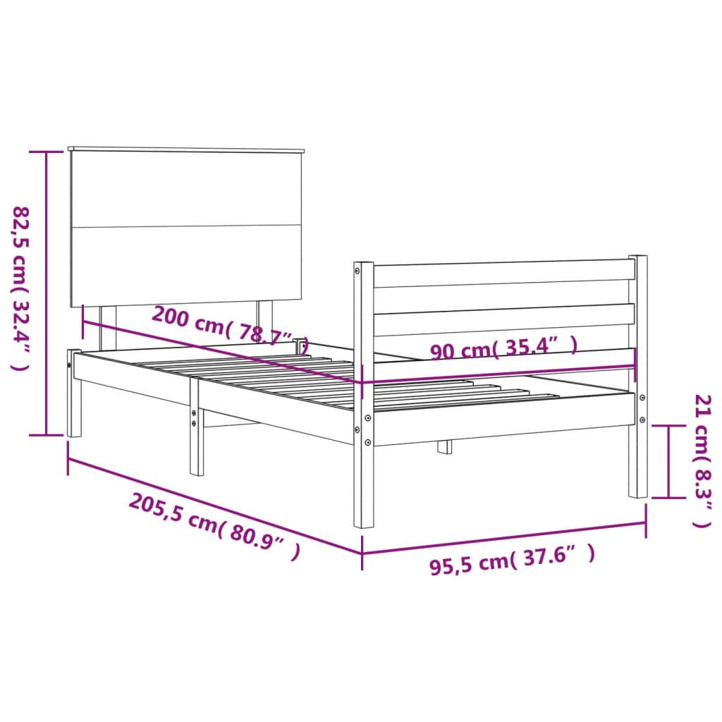 vidaXL Bedframe met hoofdbord massief hout wit 90x200 cm