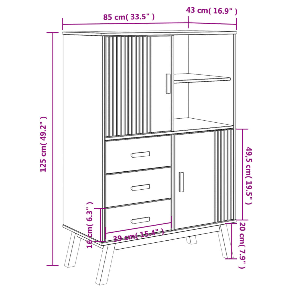 vidaXL Hoge kast OLDEN 85x43x125 cm massief grenenhout grijs en bruin