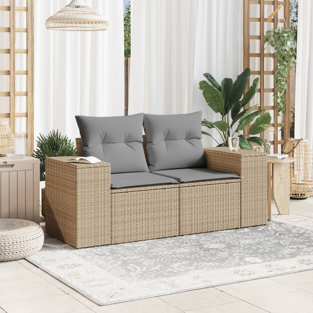 vidaXL Tuinbank 2-zits met kussens poly rattan beige