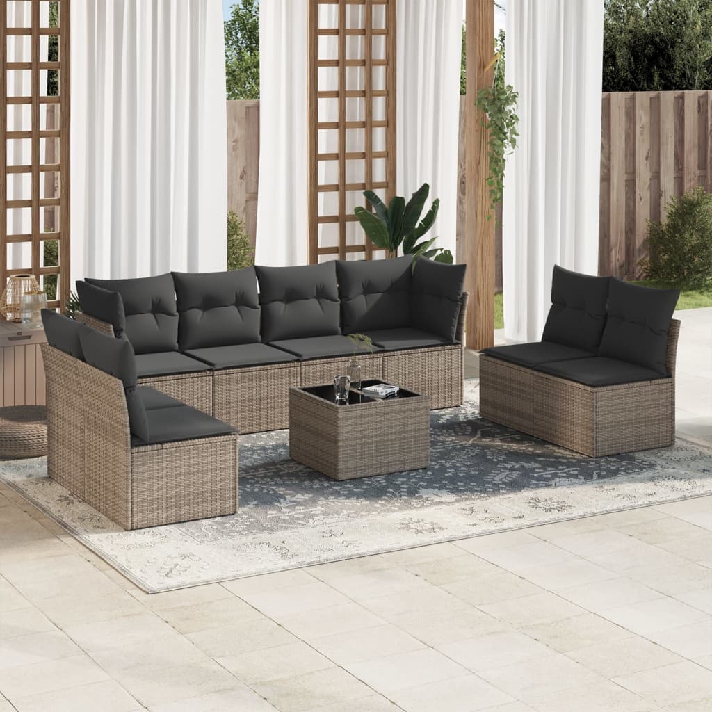 vidaXL 9-delige Loungeset met kussens poly rattan grijs