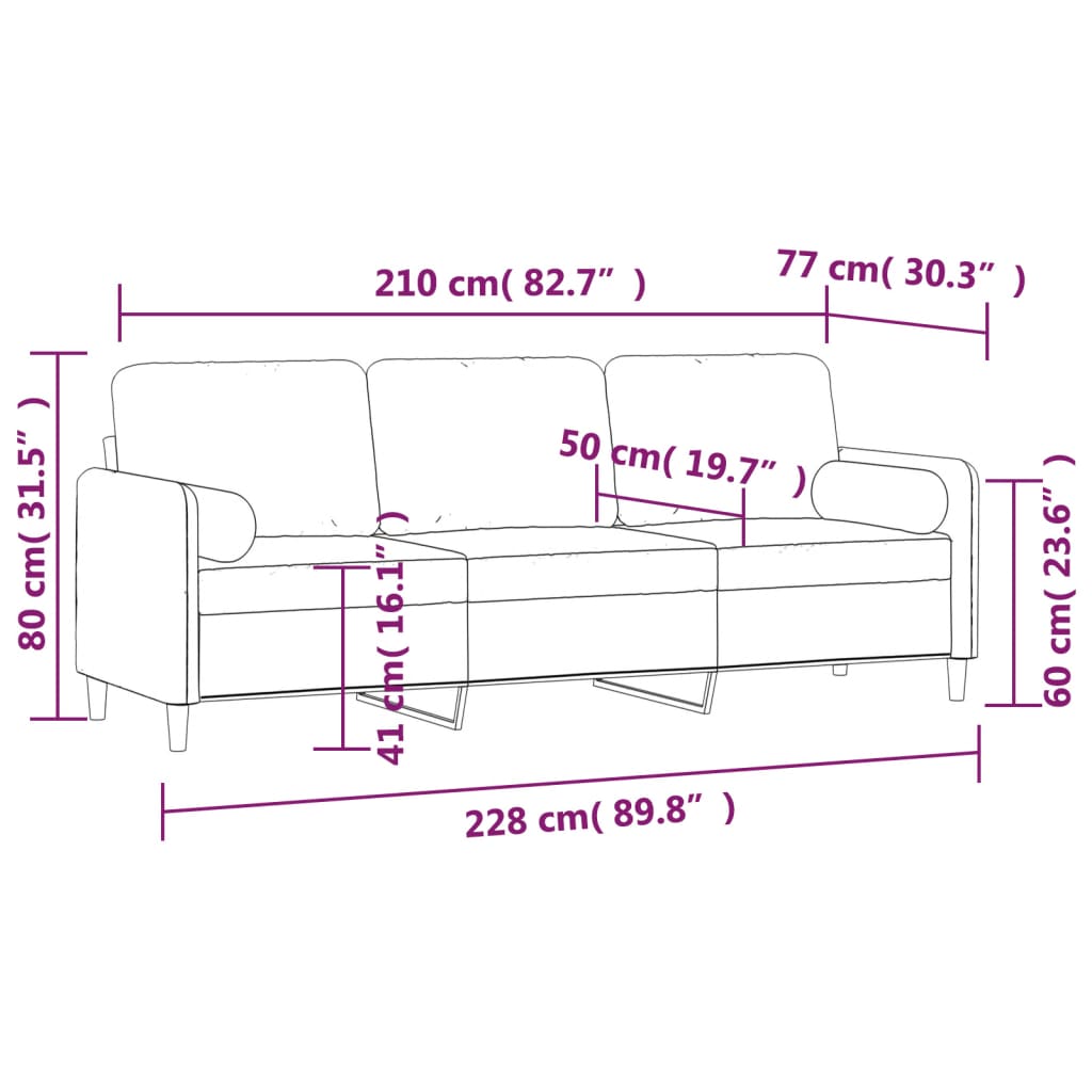 vidaXL Driezitsbank met kussens 210 cm fluweel donkergrijs