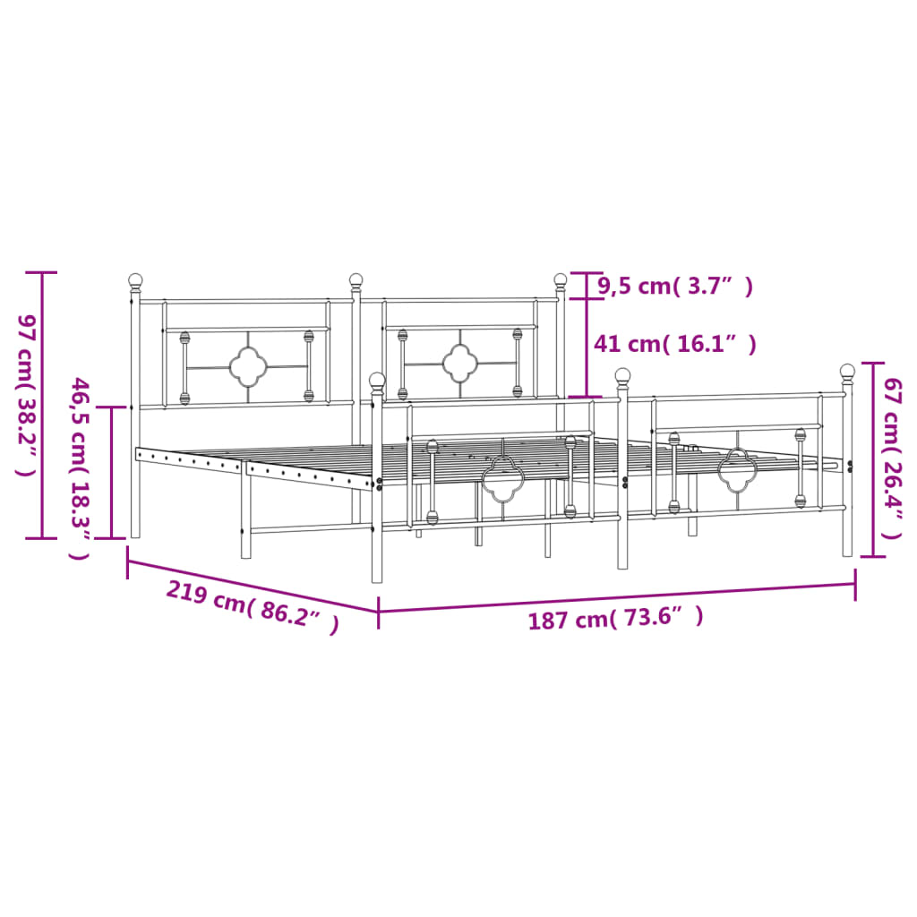 vidaXL Bedframe met hoofd- en voeteneinde metaal zwart 183x213 cm