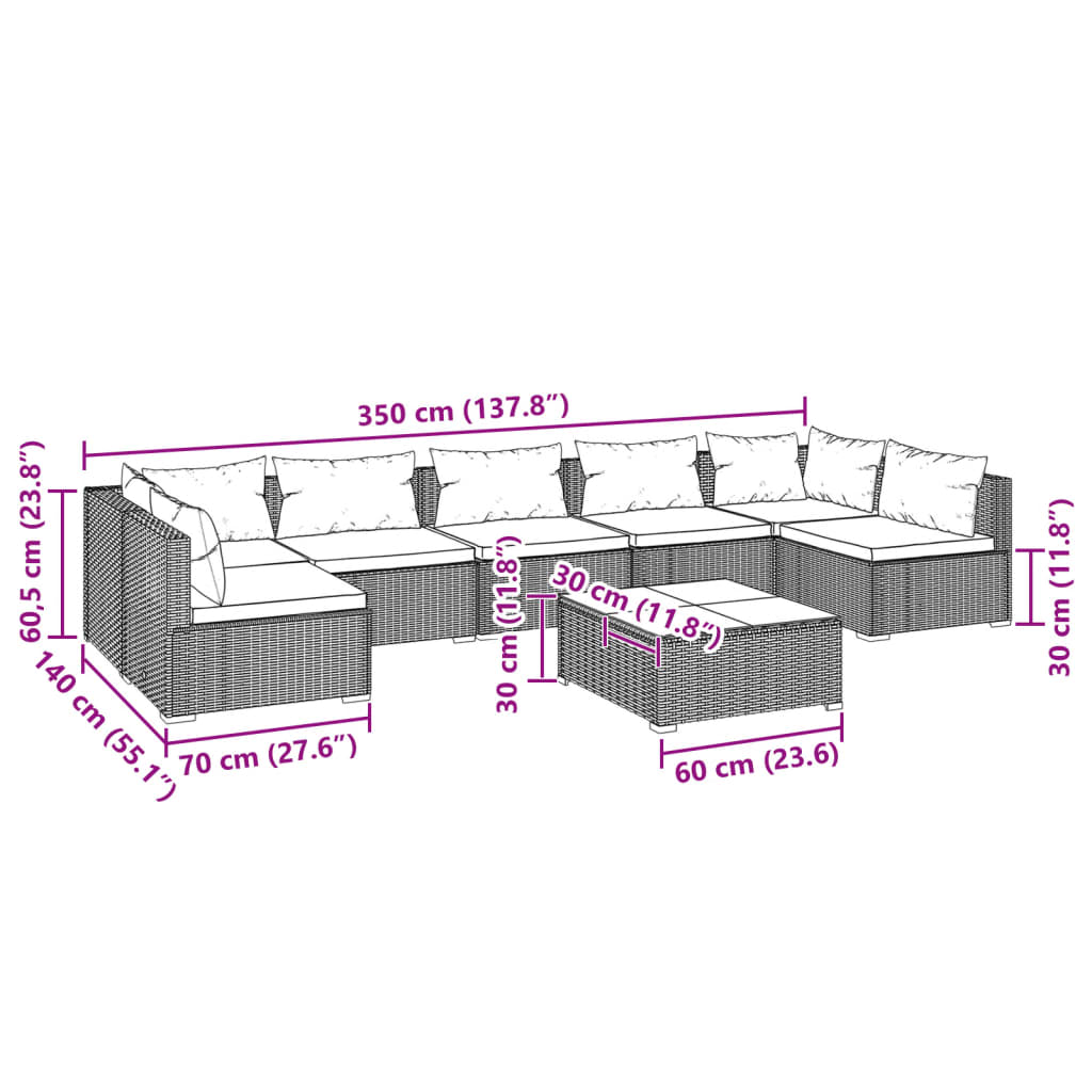 vidaXL 8-delige Loungeset met kussens poly rattan grijs