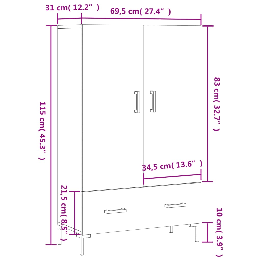 vidaXL Hoge kast 69,5x31x115 cm bewerkt hout bruin eikenkleur