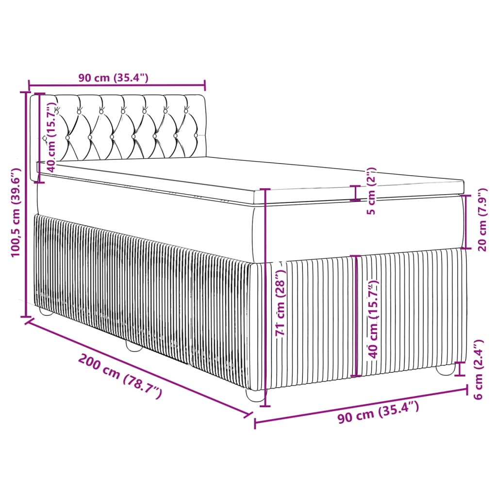 vidaXL Boxspring met matras fluweel lichtgrijs 90x200 cm