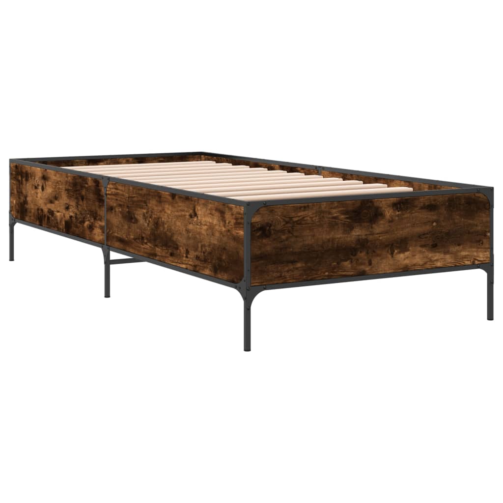 vidaXL Bedframe bewerkt hout en metaal gerookt eikenkleurig 90x200 cm