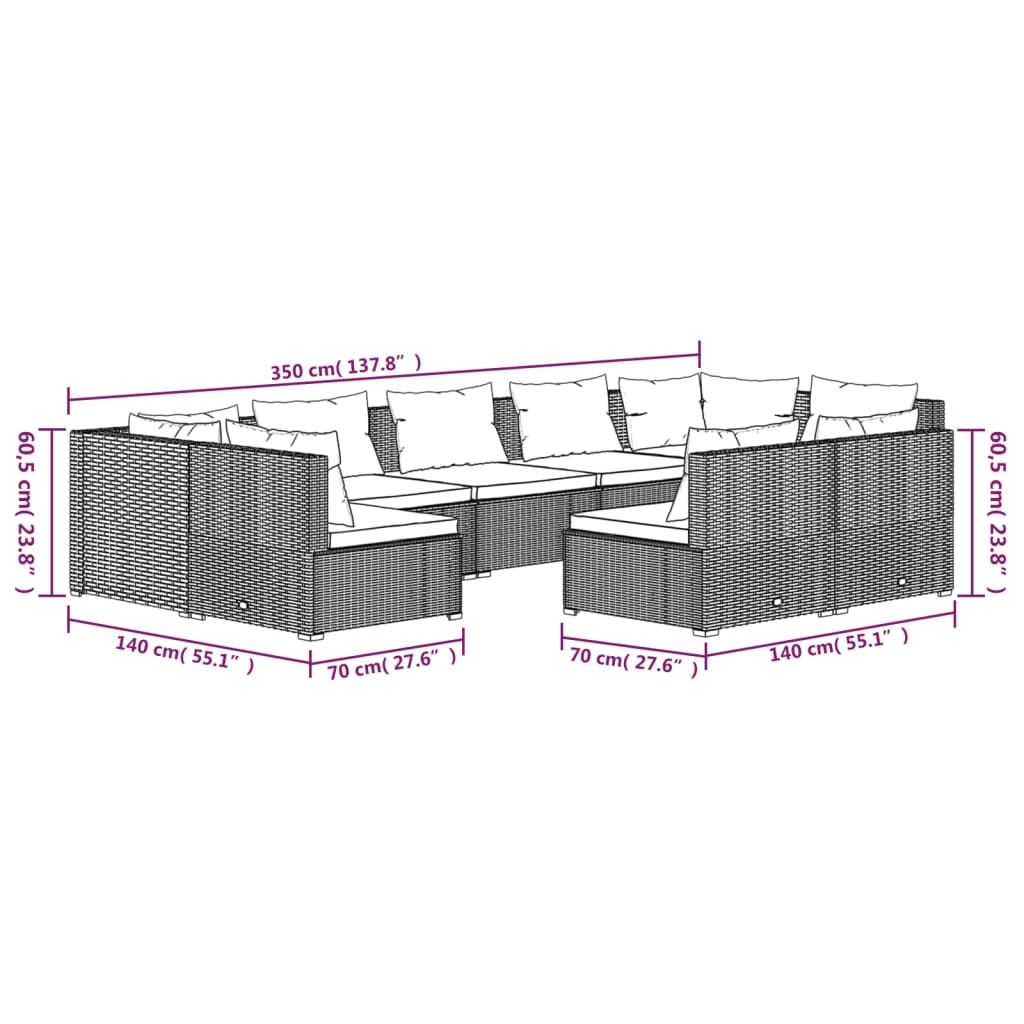 vidaXL 9-delige Loungeset met kussens poly rattan bruin