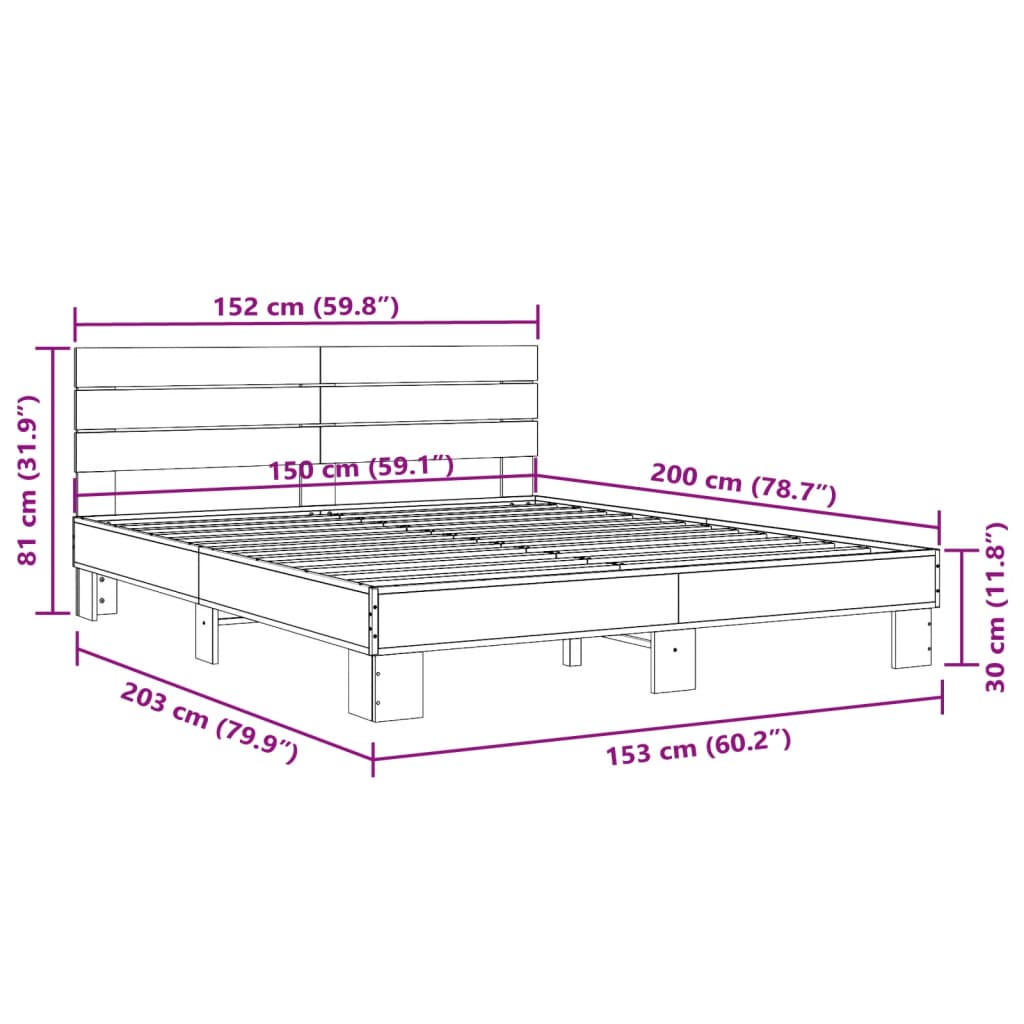 vidaXL Bedframe bewerkt hout metaal gerookt eikenkleurig 150x200 cm