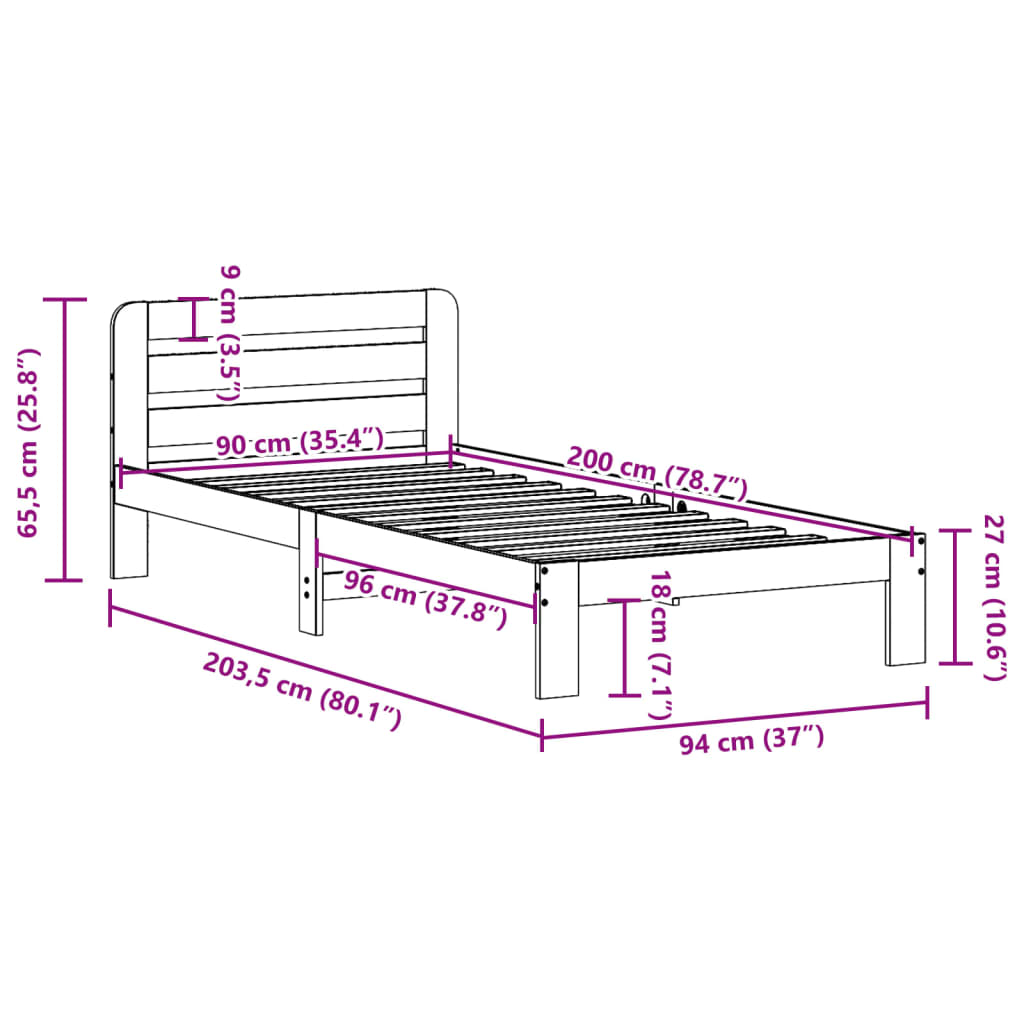 vidaXL Bedframe zonder matras massief grenenhout wit 90x200 cm