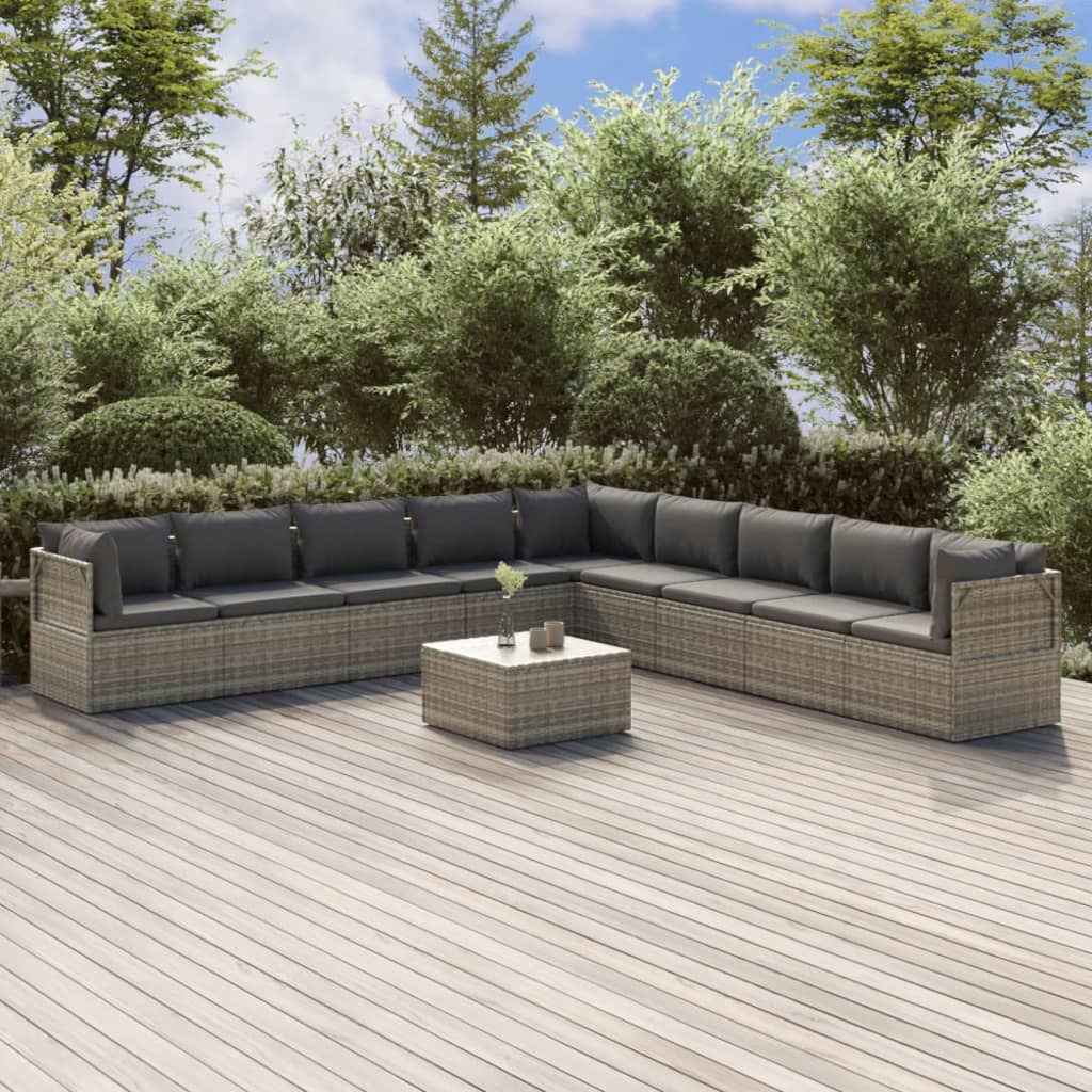 vidaXL 10-delige Loungeset met kussens poly rattan grijs