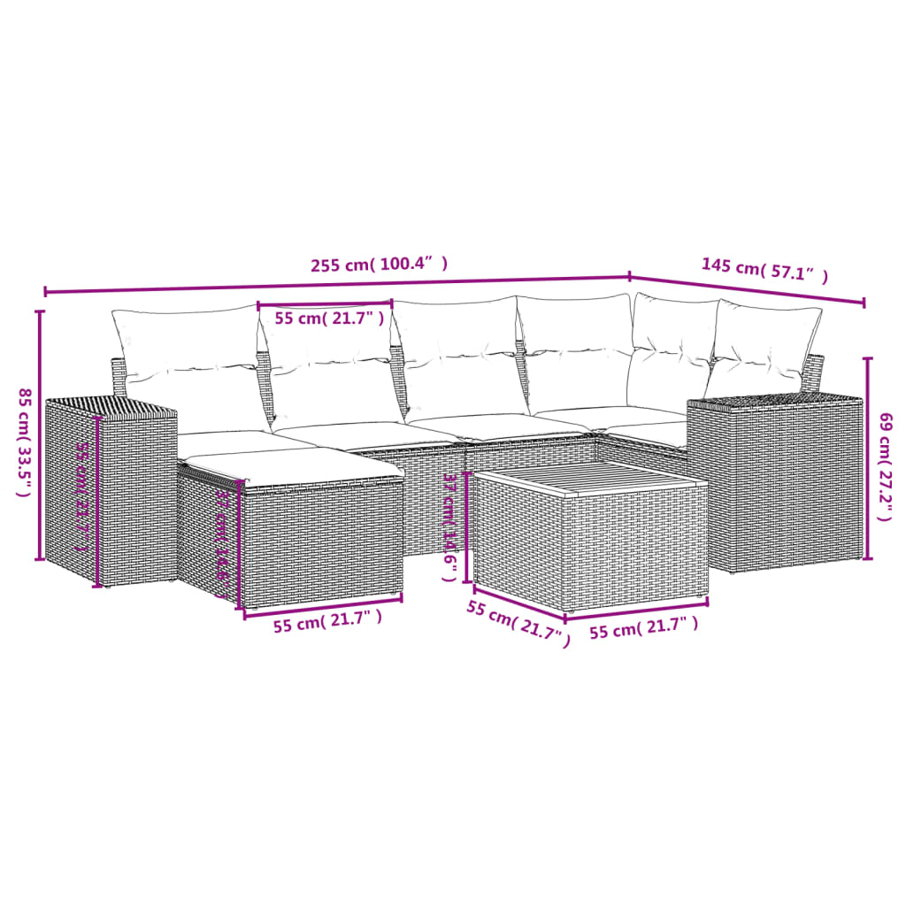 vidaXL 7-delige Loungeset met kussens poly rattan beige