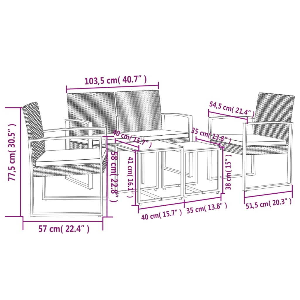 vidaXL 5-delige Tuinset met kussens polypropeen rattan donkergrijs