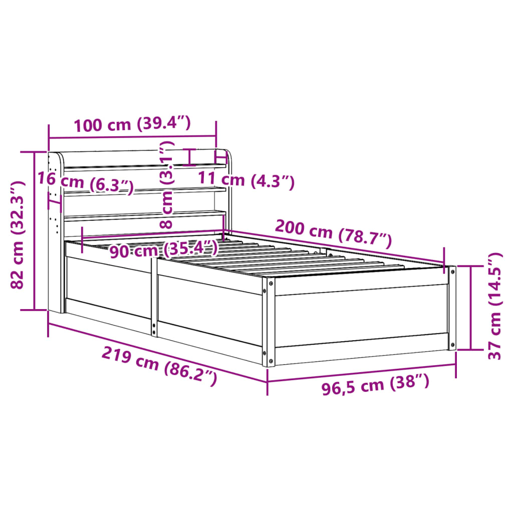 vidaXL Bedframe met hoofdbord massief grenenhout wit 90x200 cm