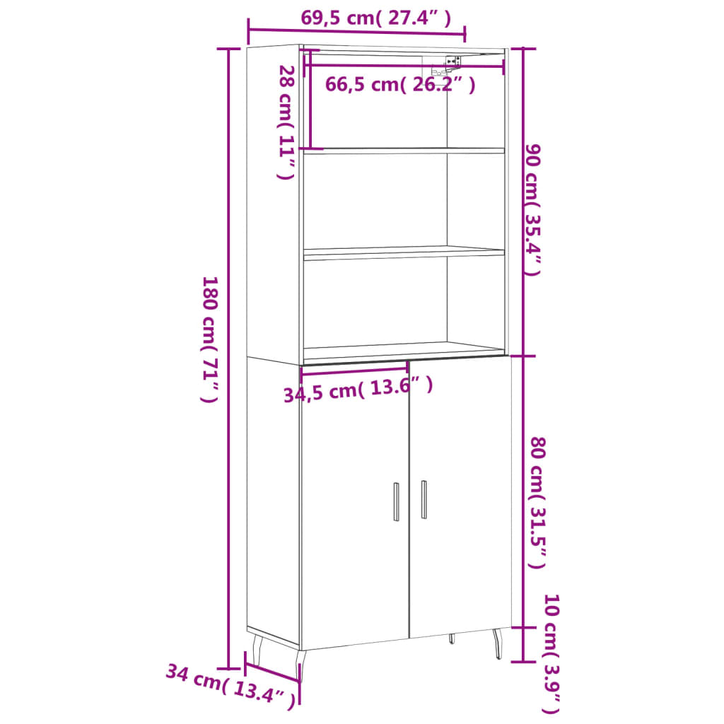 vidaXL Hoge kast 69,5x34x180 cm bewerkt hout gerookt eikenkleurig