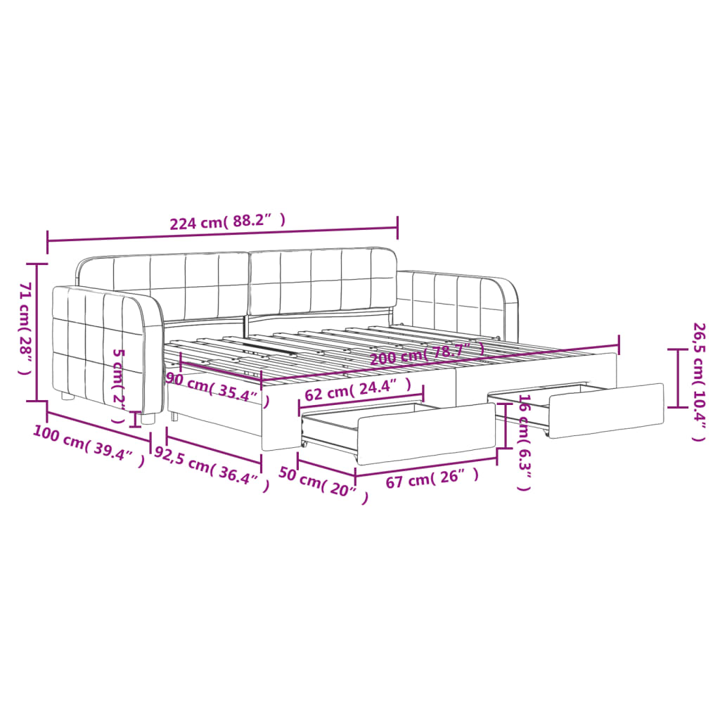 vidaXL Slaapbank onderschuifbed en lades 90x200 cm fluweel donkergrijs