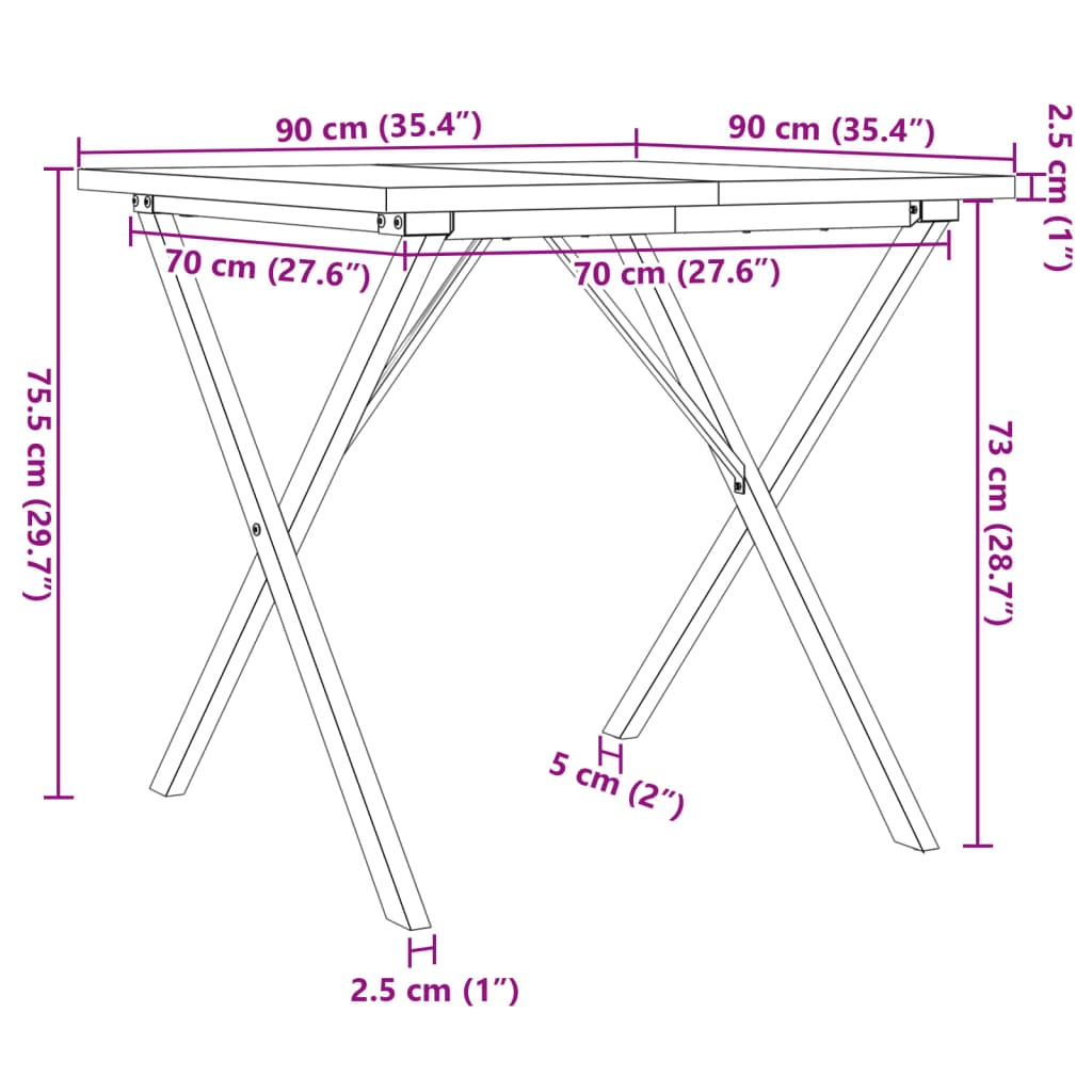 vidaXL Eettafel X-frame 90x90x75,5 cm massief grenenhout en gietijzer