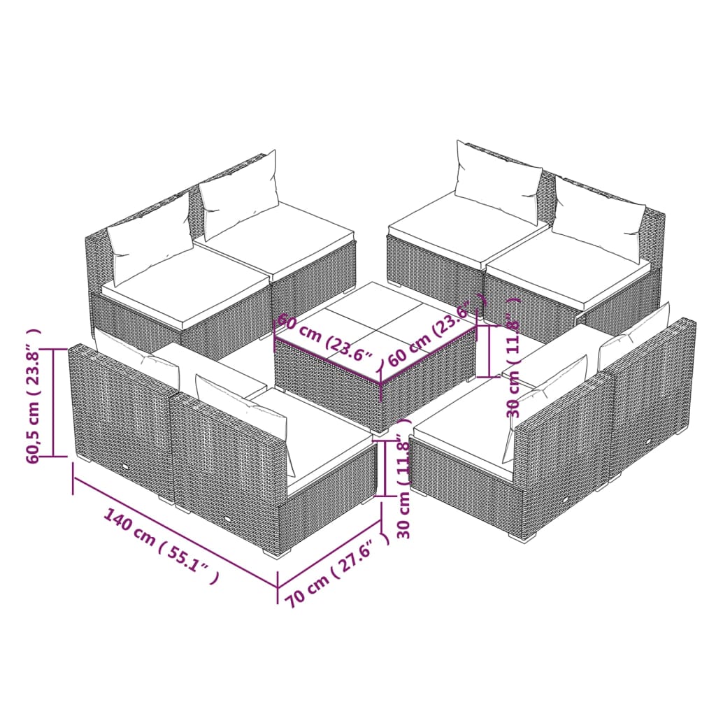 vidaXL 9-delige Loungeset met kussens poly rattan grijs