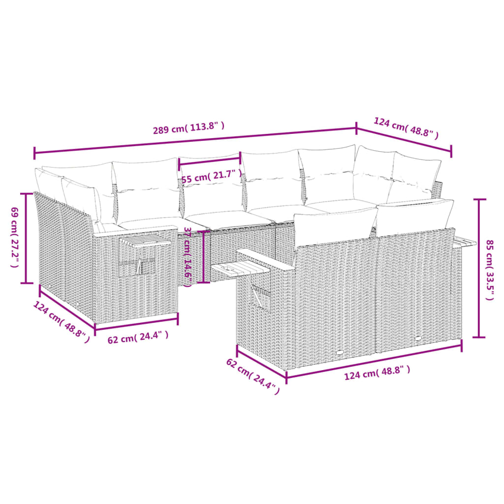 vidaXL 9-delige Loungeset met kussens poly rattan zwart