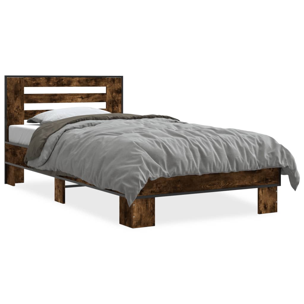 vidaXL Bedframe bewerkt hout en metaal gerookt eikenkleurig 90x190 cm