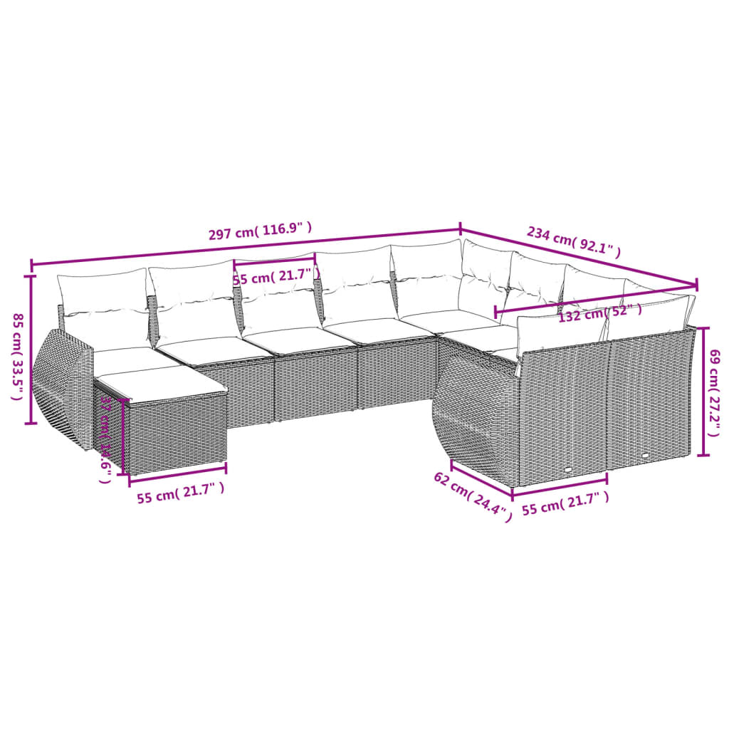 vidaXL 10-delige Loungeset met kussens poly rattan zwart