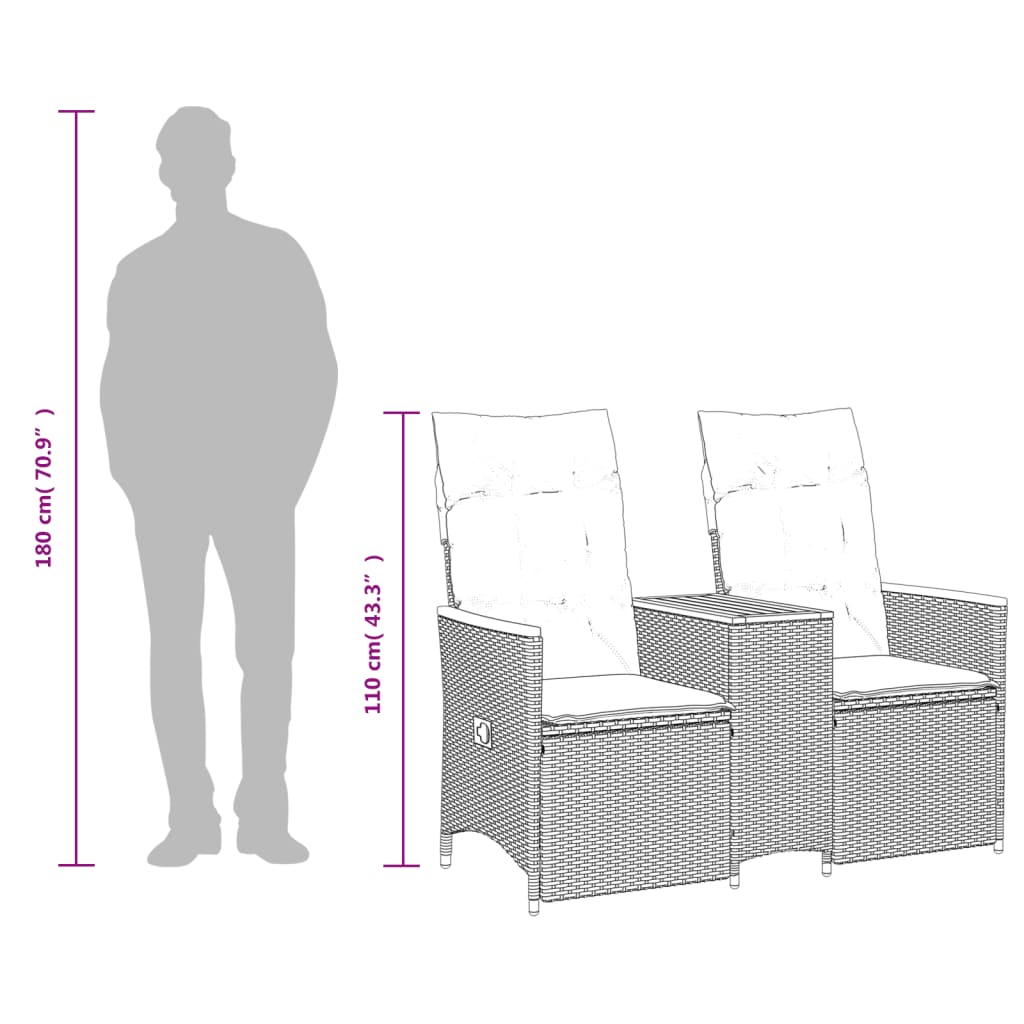 vidaXL Tuinbank 2-zits verstelbaar met tafel poly rattan grijs