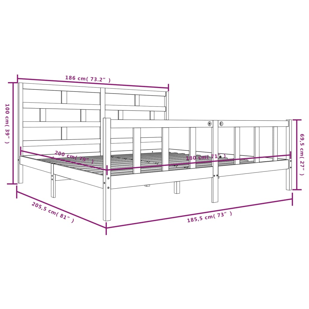 vidaXL Bedframe massief grenenhout zwart 180x200 cm