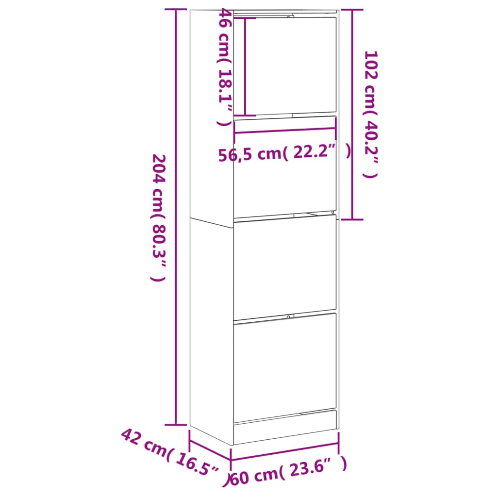 vidaXL Schoenenkast met 4 klaplades 60x42x204 cm betongrijs